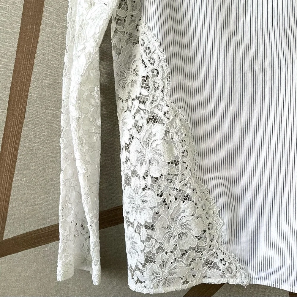 SANDRO | 🤍 White Lace Mock Neck Blouse w/ Thin Pinstripe Panel | Size 1 (Small) - Picture 12 of 16